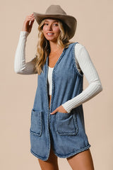 Koisoon Braided Trim Open Front Denim Vest with Pockets