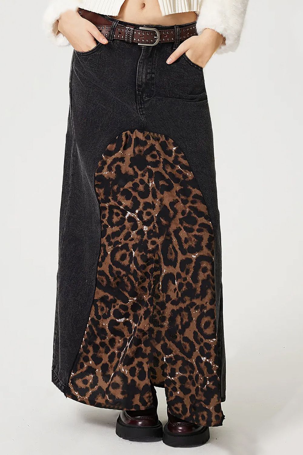 Koisoon Slit Leopard Midi Denim Skirt