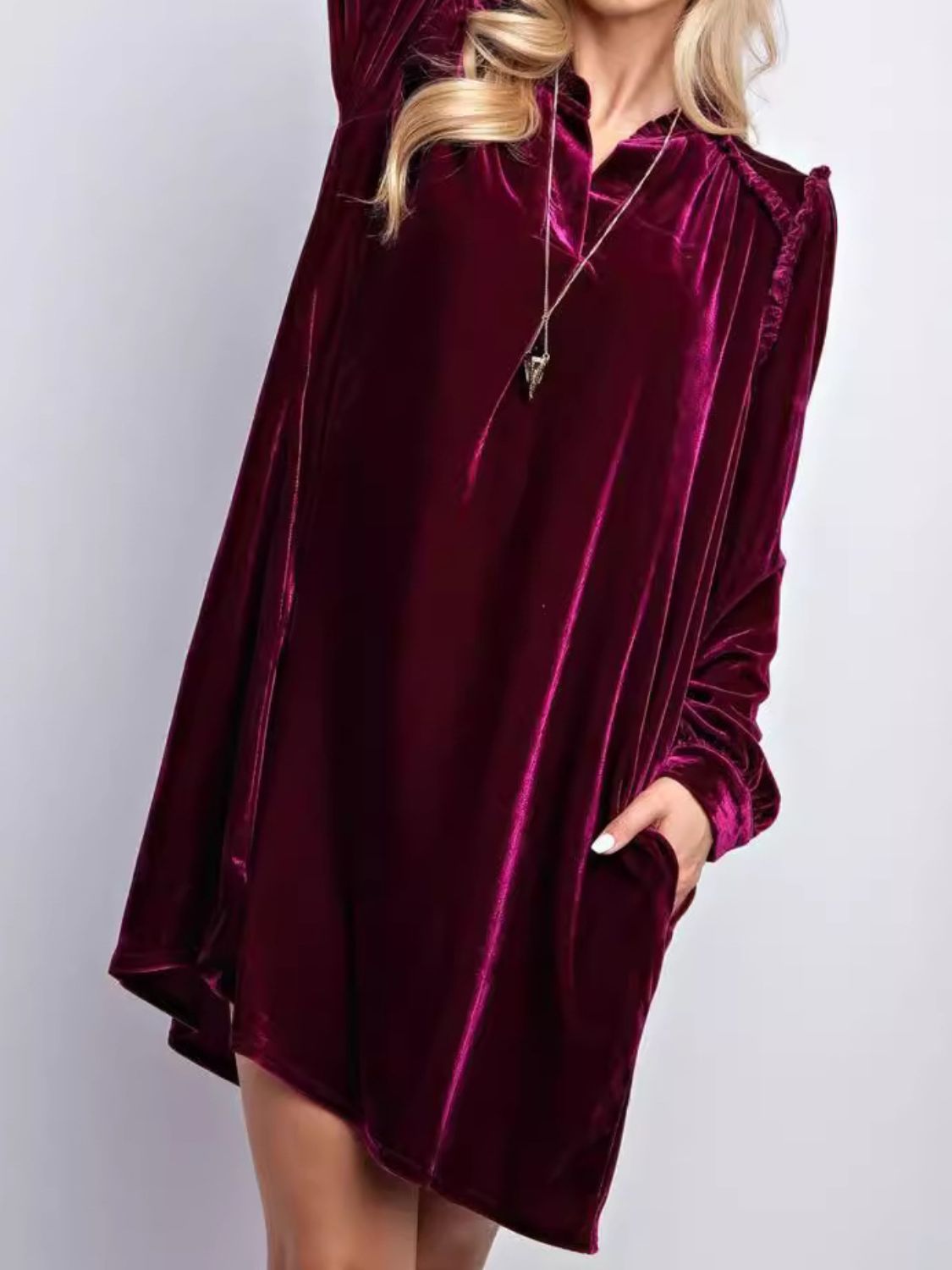 Koisoon Notched Long Sleeve Dress with Pockets