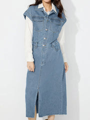 Koisoon Slit Half Button Collared Neck Cap Sleeve Denim Dress