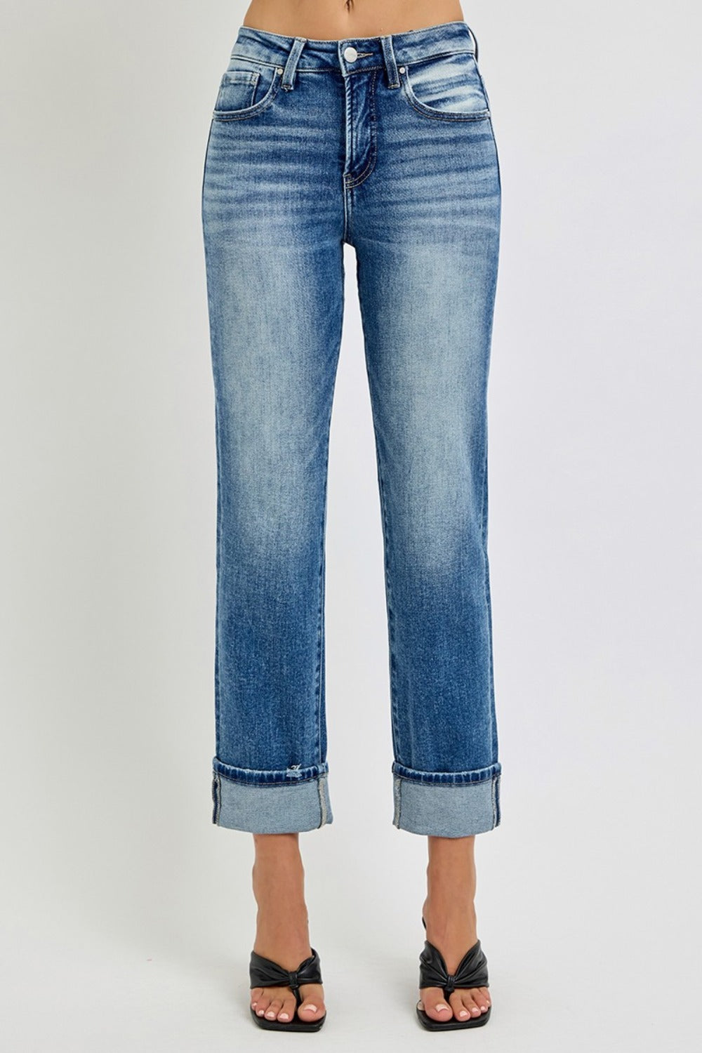 Koisoon Full Size High Rise Crop Straight Roll Up Jeans