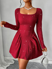 Koisoon Backless Glitter Square Neck Long Sleeve Mini Dress