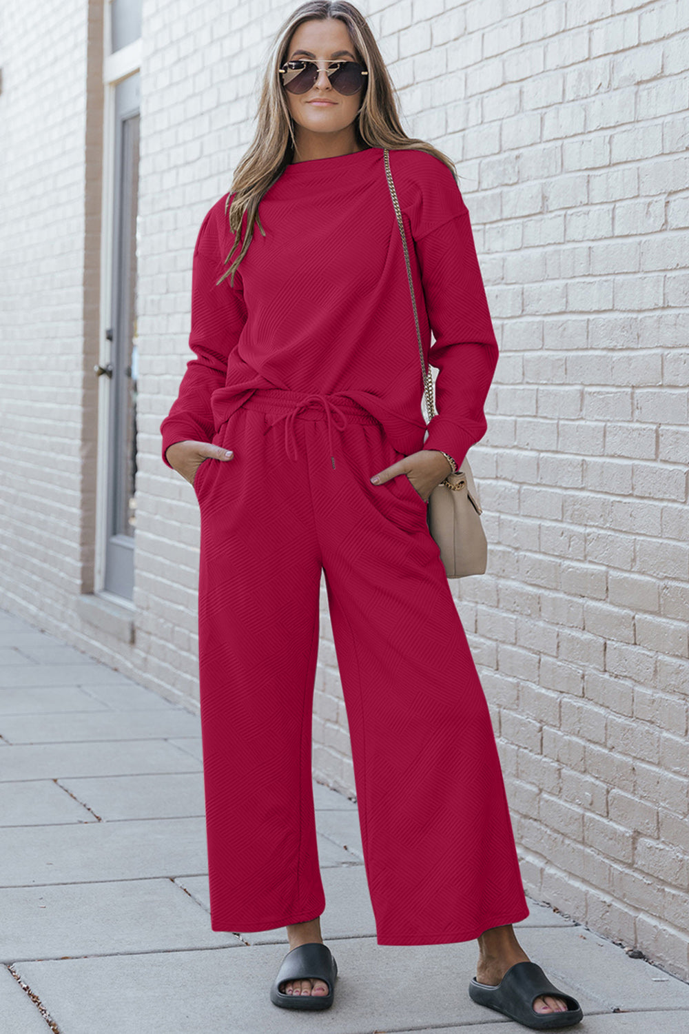 Koisoon Full Size Textured Long Sleeve Top and Drawstring Pants Set