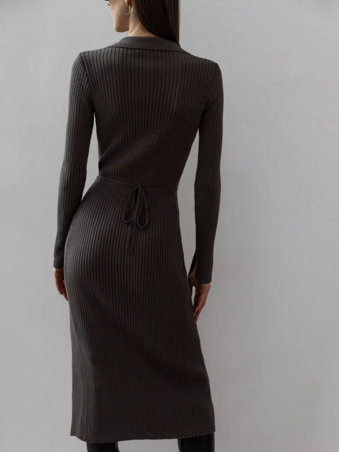 Koisoon Collared Neck Long Sleeve Sweater Dress