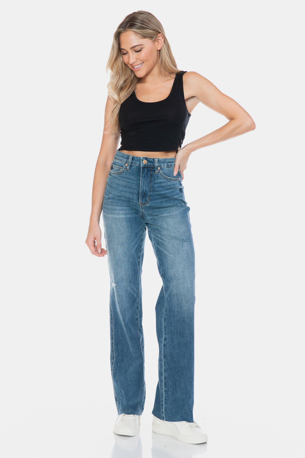 Koisoon Blue Full Size Tummy Control Cut Raw Hem Straight Jeans