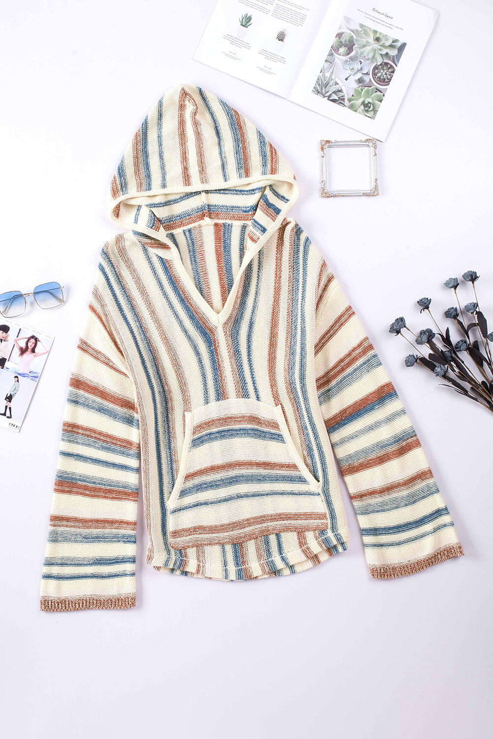 Koisoon Striped Dropped Shoulder Hooded Knit Top