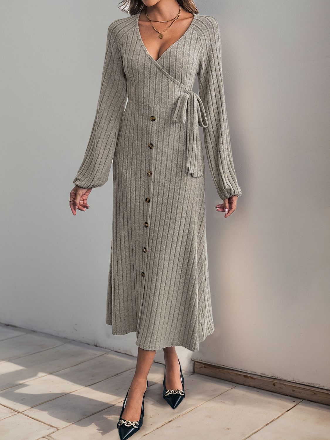 Koisoon Ribbed Tied Surplice Long Sleeve Dress