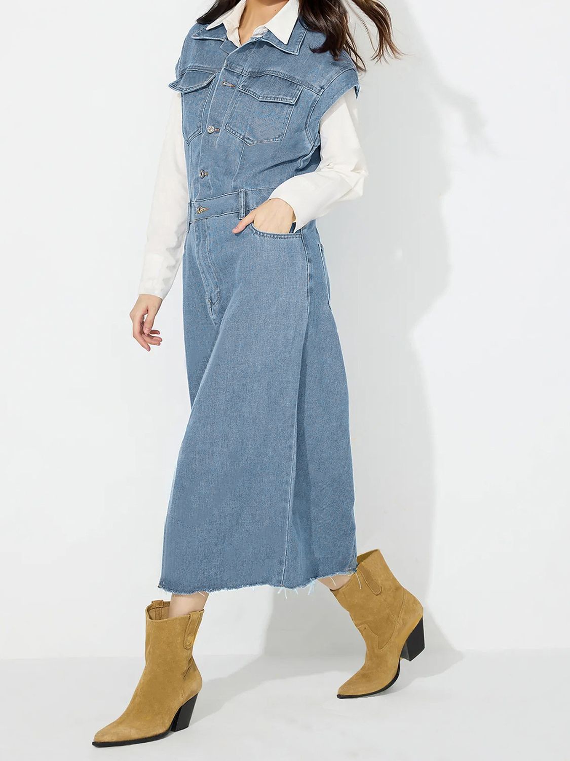 Koisoon Slit Half Button Collared Neck Cap Sleeve Denim Dress