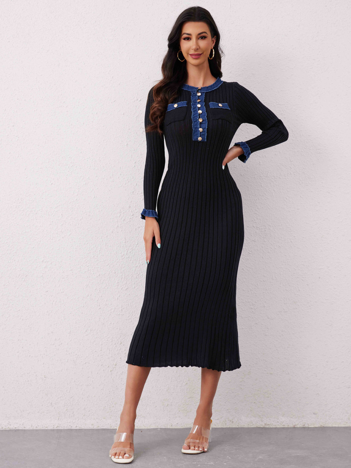 Koisoon Contrast Trim Round Neck Long Sleeve Sweater Dress