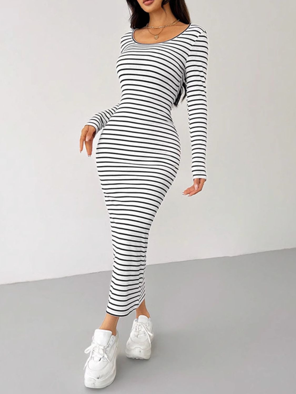 Koisoon Striped Scoop Neck Long Sleeve Midi Tee Dress