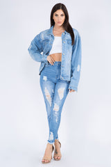 Koisoon American Bazi Full Size Painted Back Distressed Denim Jacket