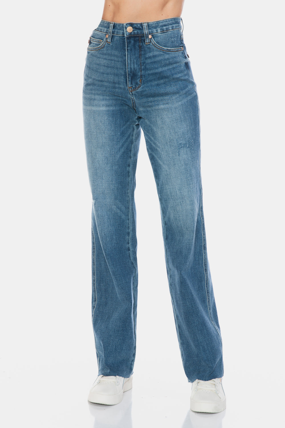 Koisoon Blue Full Size Tummy Control Cut Raw Hem Straight Jeans