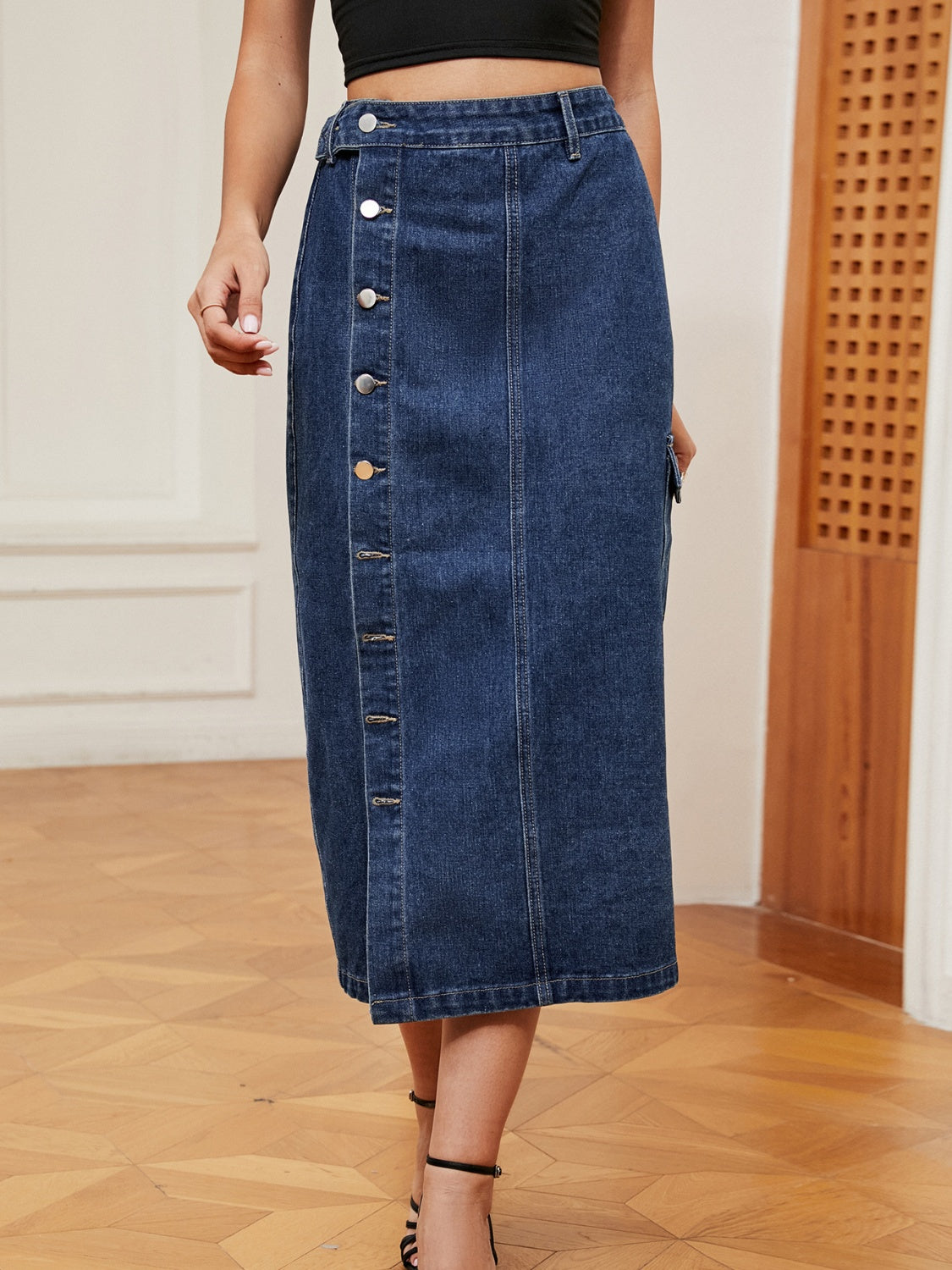 Koisoon Button Down Midi Denim Skirt