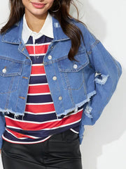 Koisoon Raw Hem Collared Neck Cropped Denim Top