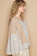 Koisoon Waffle Knit Floral Notched Long Sleeve Top