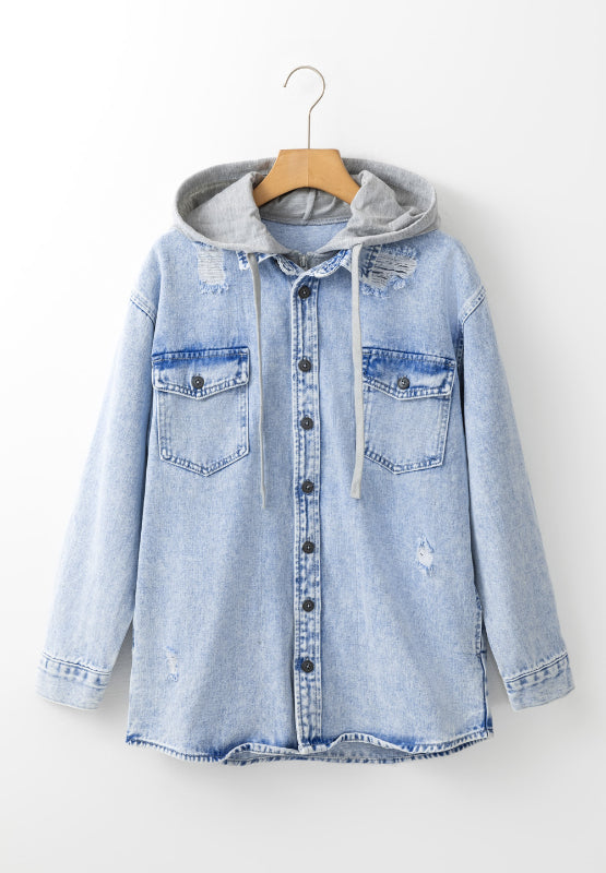 Koisoon Distressed Button Up Hooded Denim Jacket with Pockets