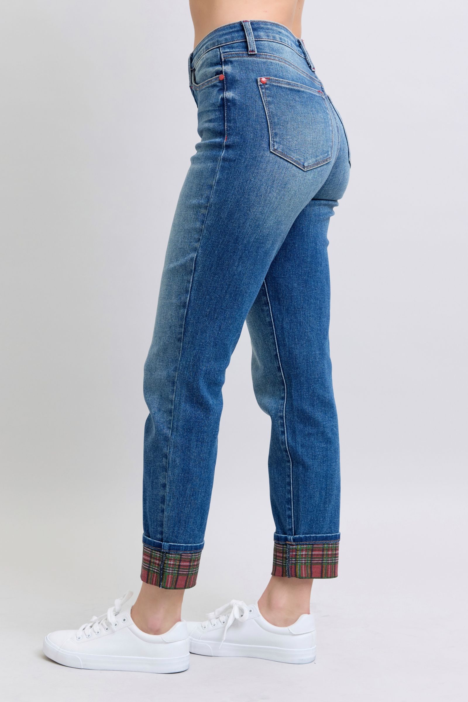 Koisoon Blue Full Size Plaid Print Cuff Straight Leg Jeans with Pockets