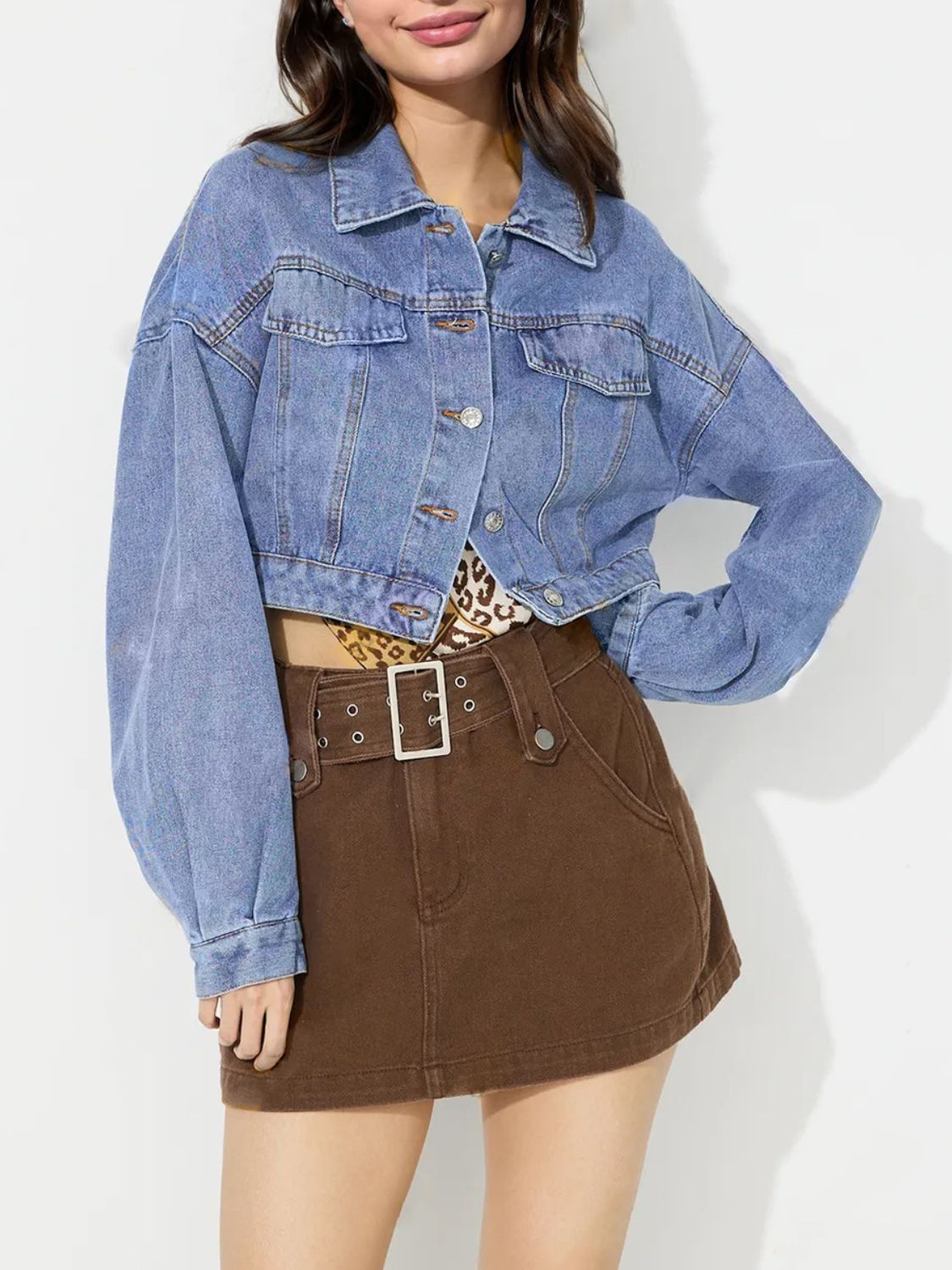 Koisoon Collared Neck Dropped Shoulder Cropped Denim Top