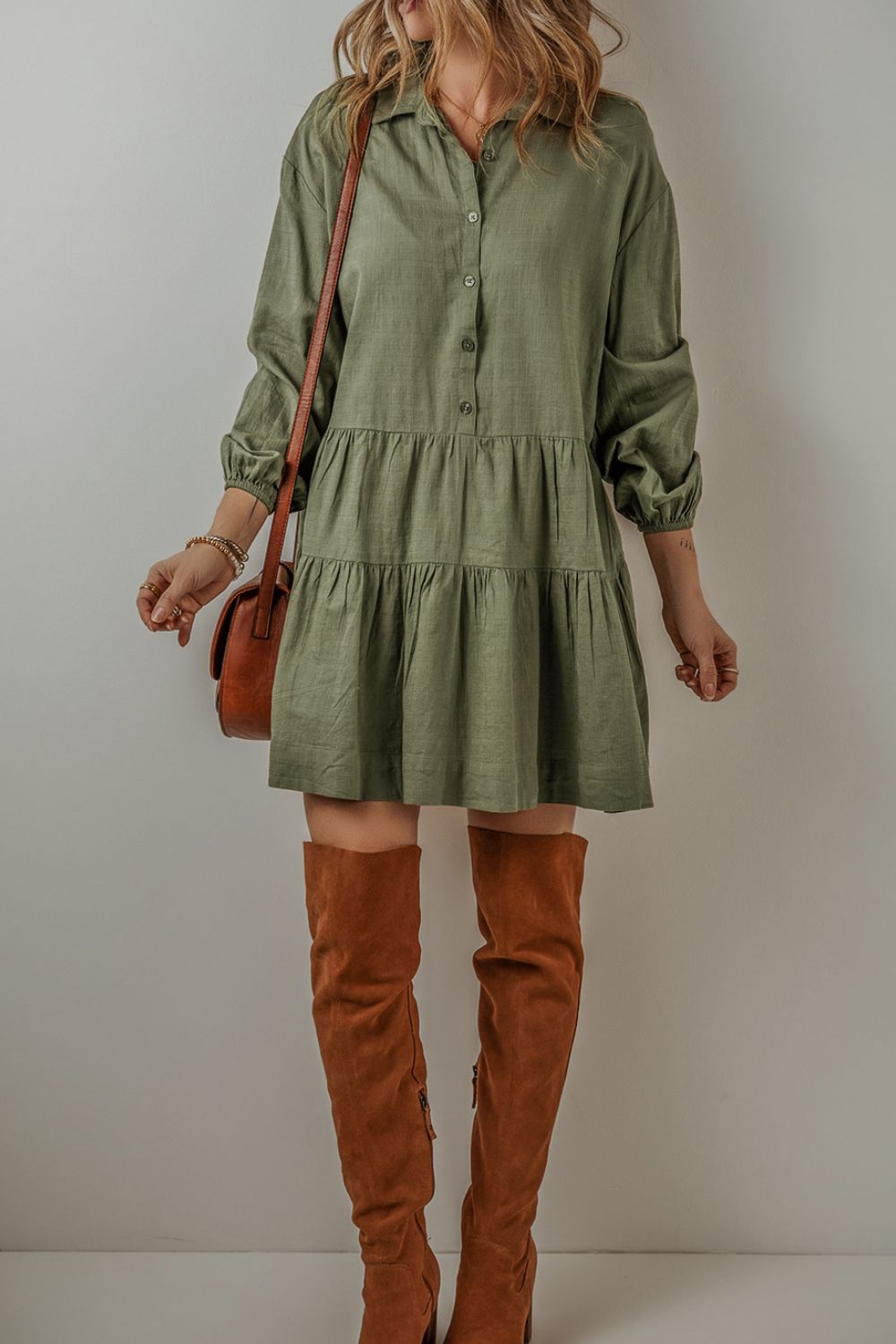 Koisoon Collared Neck Balloon Sleeve Shirt Dress