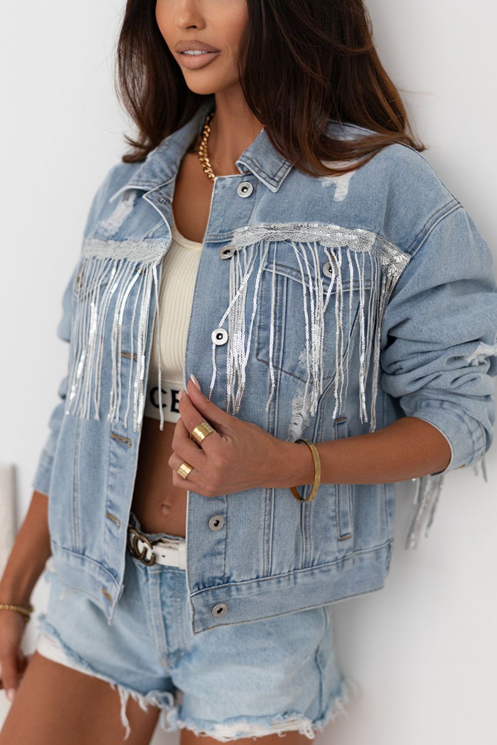 Koisoon Sequin Fringe Trim Distressed Button Up Denim Jacket