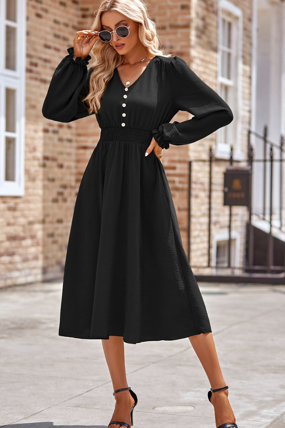 Koisoon V-Neck Flounce Sleeve Midi Dress