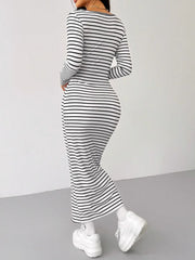 Koisoon Striped Scoop Neck Long Sleeve Midi Tee Dress