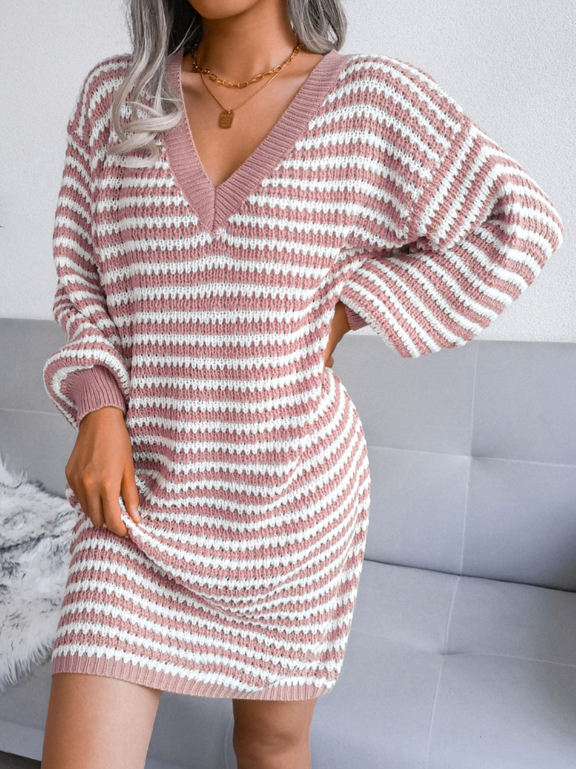 Koisoon Striped V-Neck Long Sleeve Mini Sweater Dress