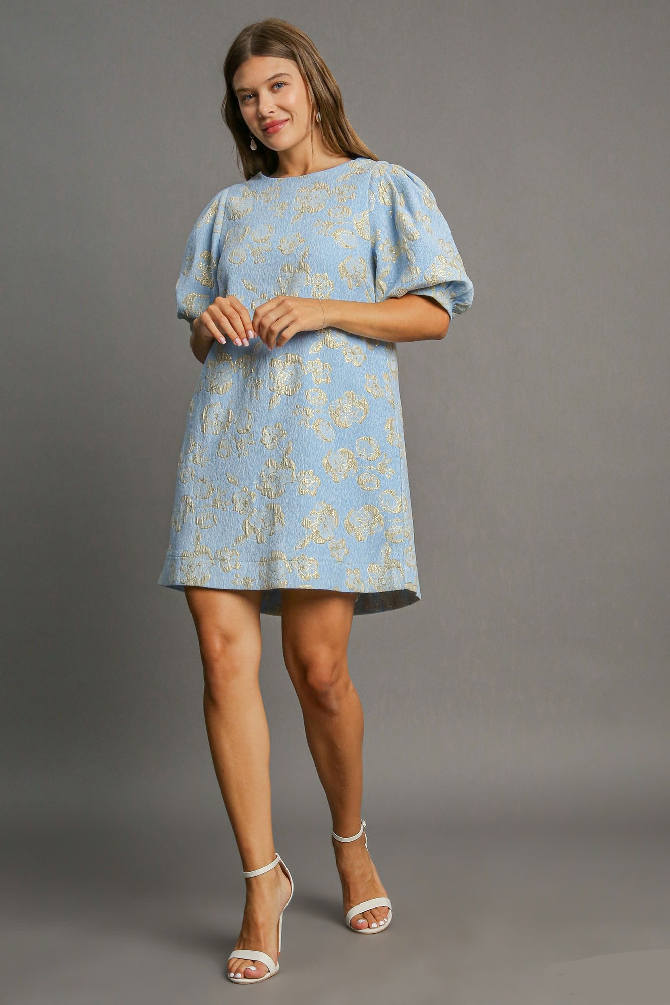 Koisoon Floral Jacquard Puff Sleeve Mini Dress