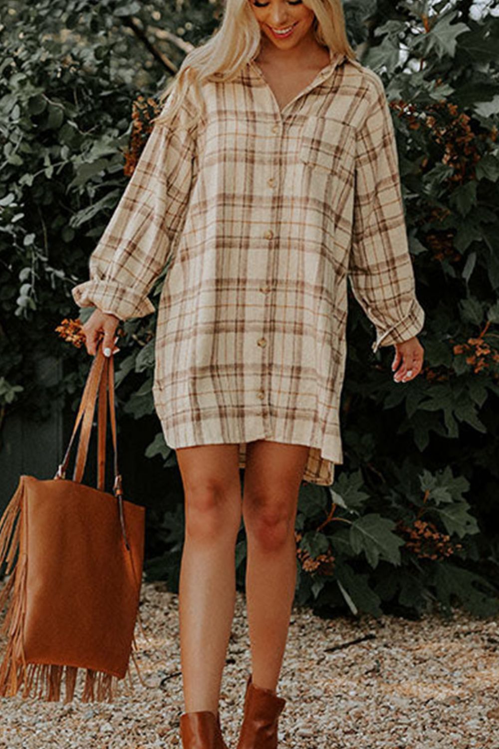 Koisoon Plaid Collared Neck Long Sleeve Mini Shirt Dress