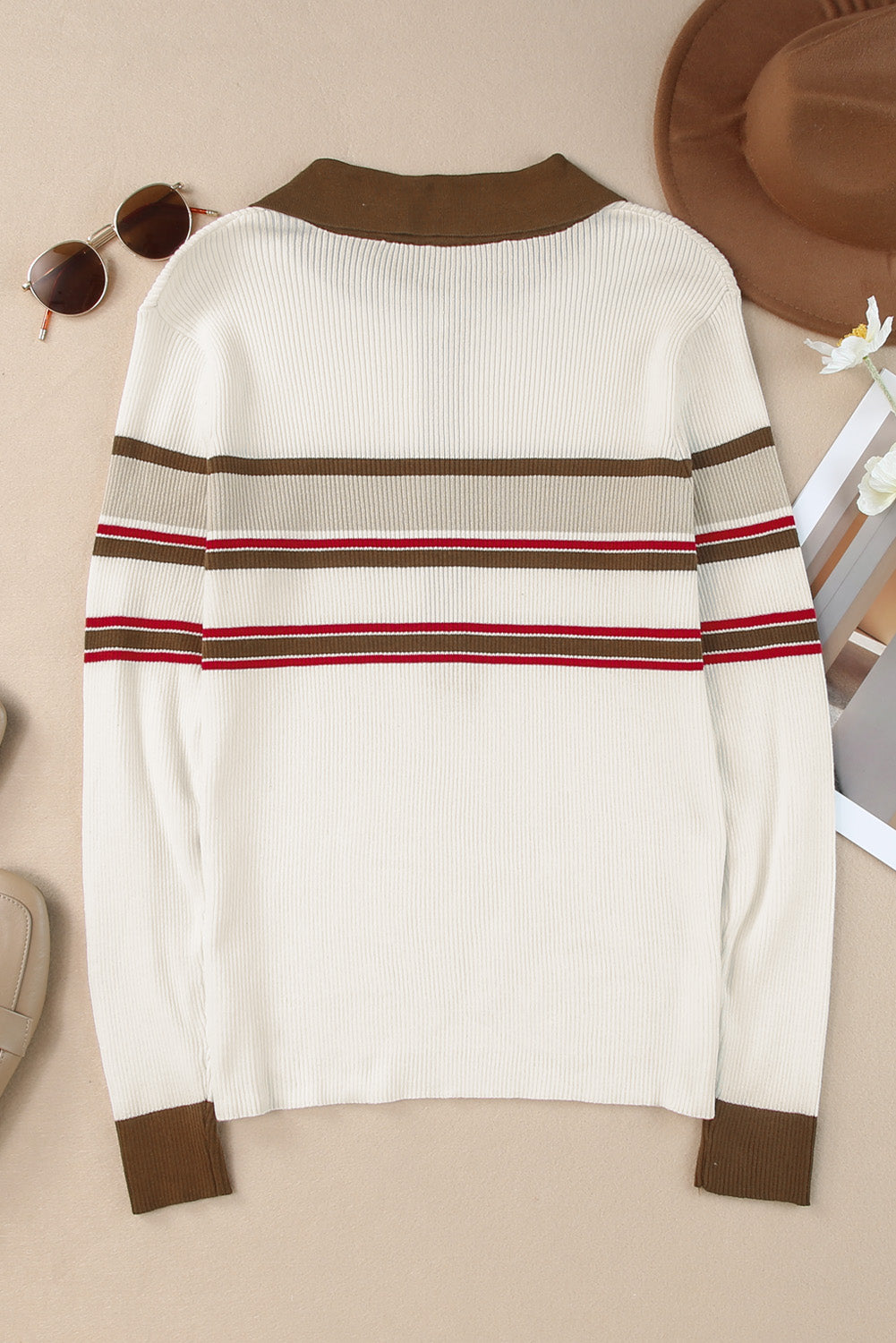 Koisoon Half Button Contrast Stripe Long Sleeve Knit Top