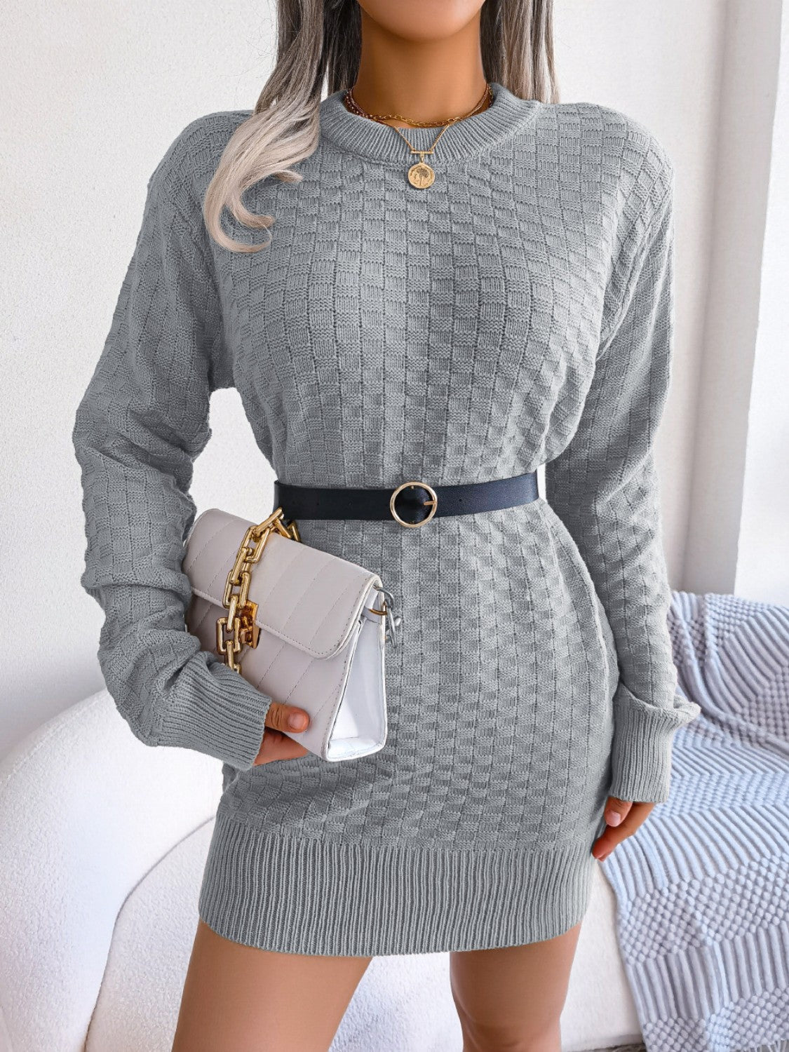 Koisoon Round Neck Long Sleeve Mini Sweater Dress