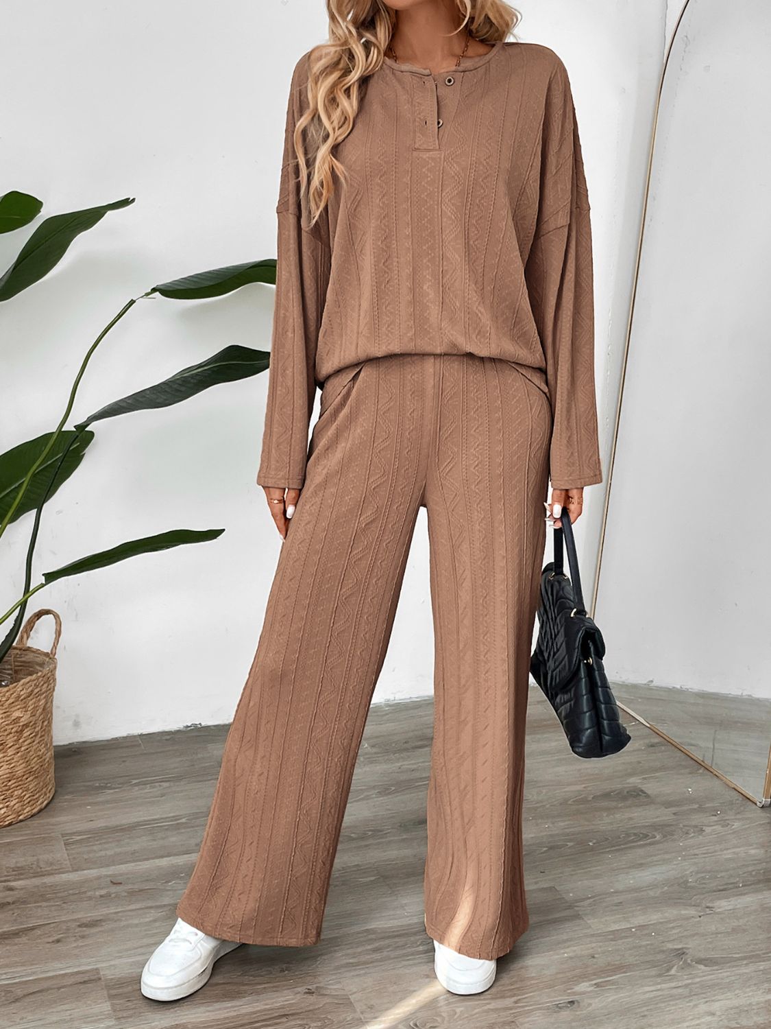 Koisoon Quarter Button Long Sleeve Top and Pants Set