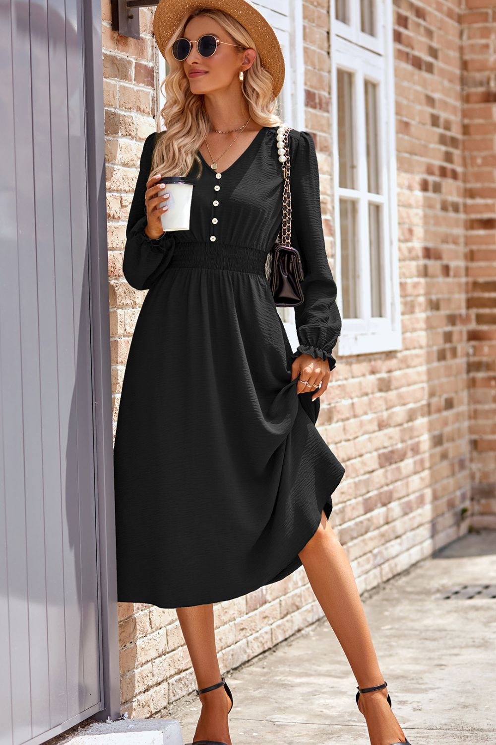 Koisoon V-Neck Flounce Sleeve Midi Dress