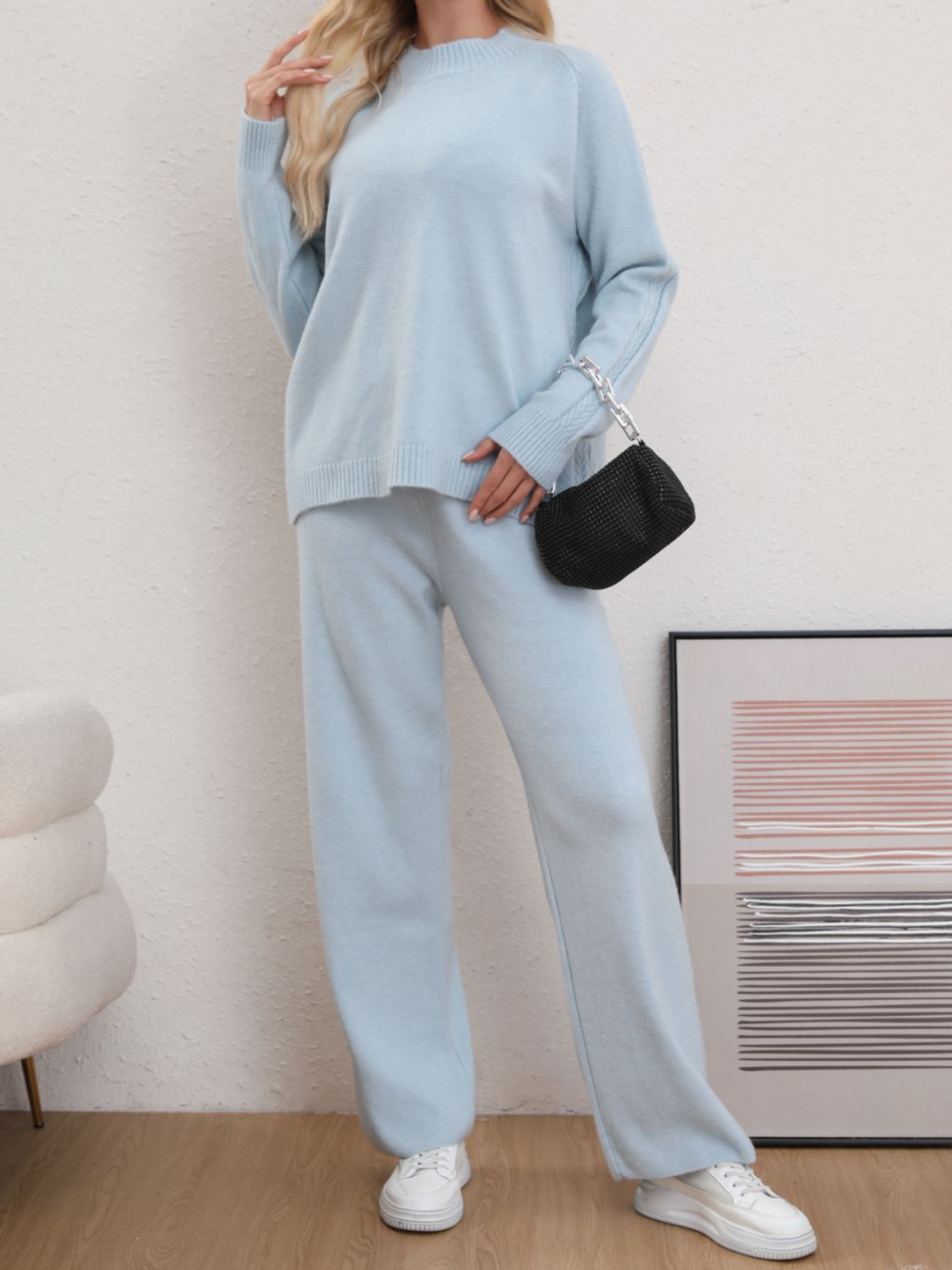 Koisoon Neck Long Sleeve Top and Pants Sweater Set