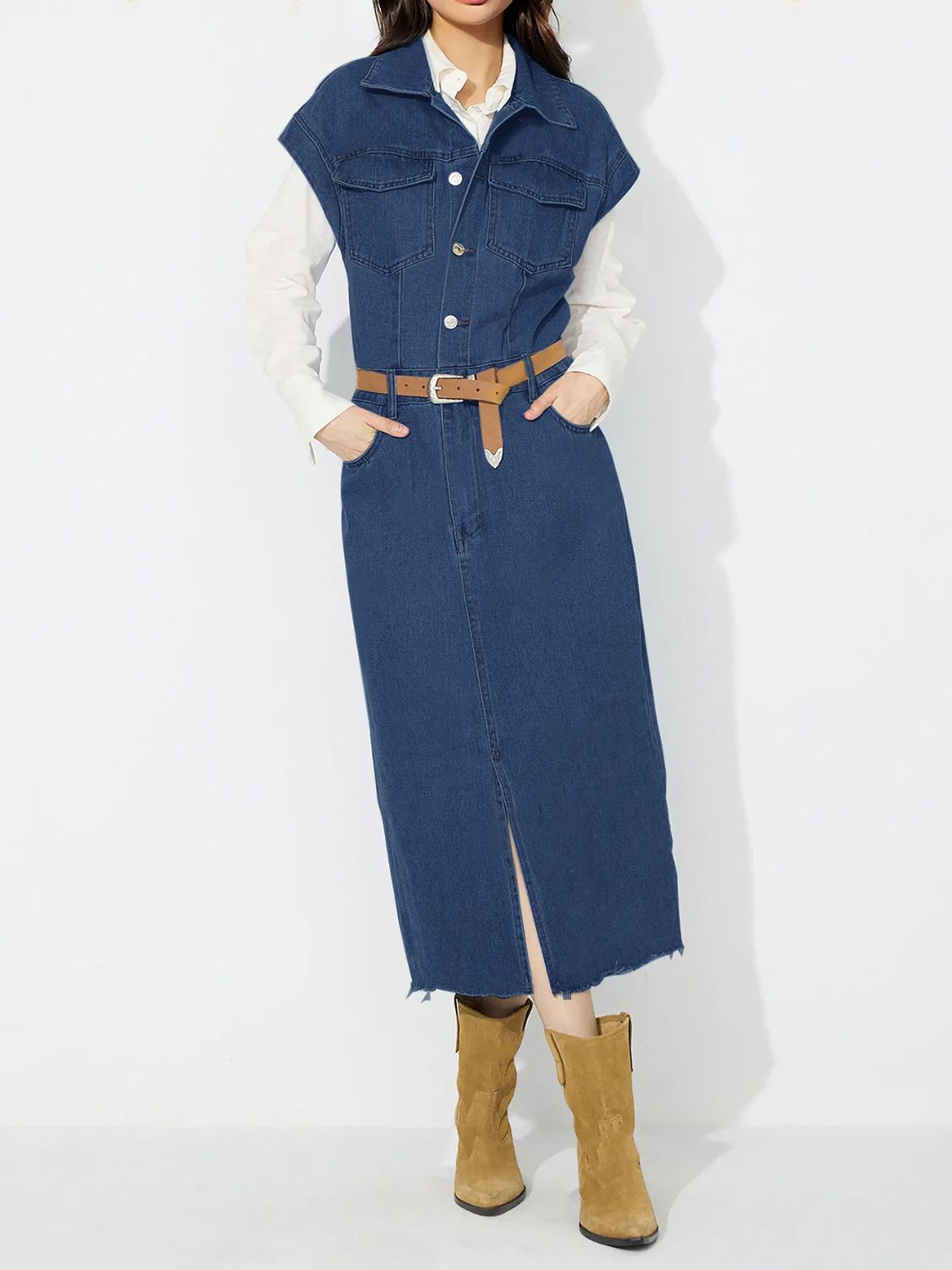 Koisoon Slit Half Button Collared Neck Cap Sleeve Denim Dress