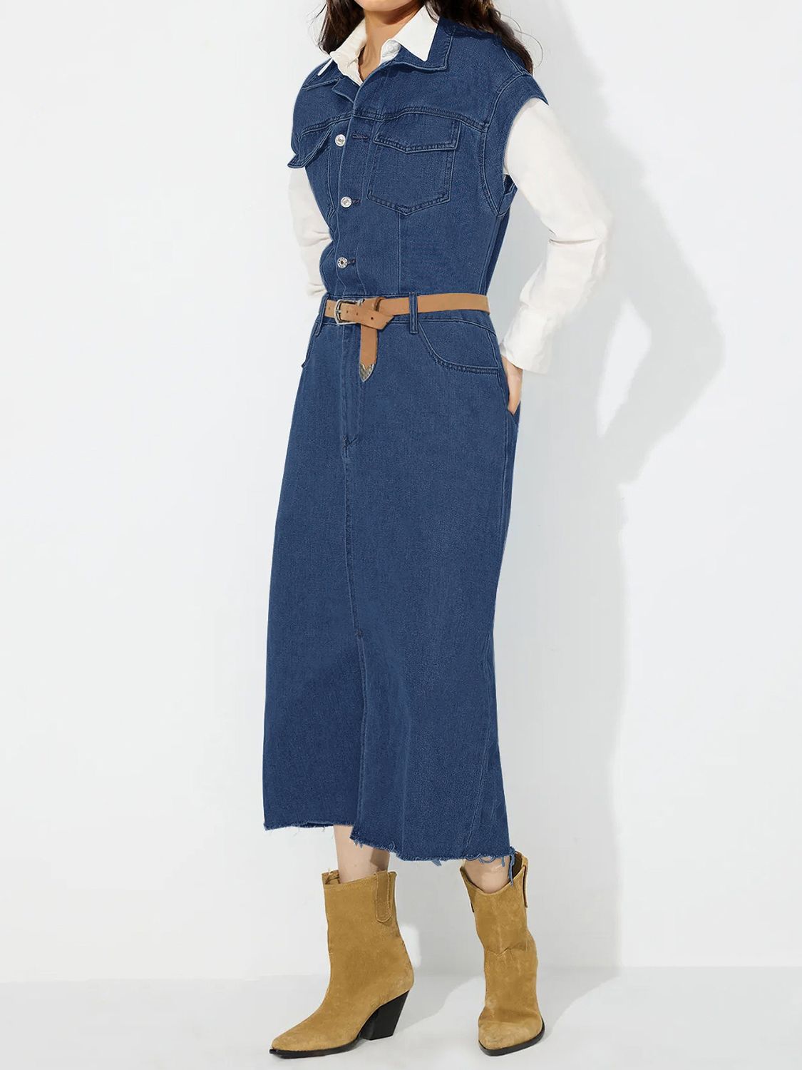 Koisoon Slit Half Button Collared Neck Cap Sleeve Denim Dress