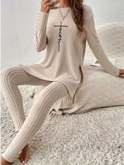 Koisoon Side Slit Round Neck Long Sleeve Top and Pants Set