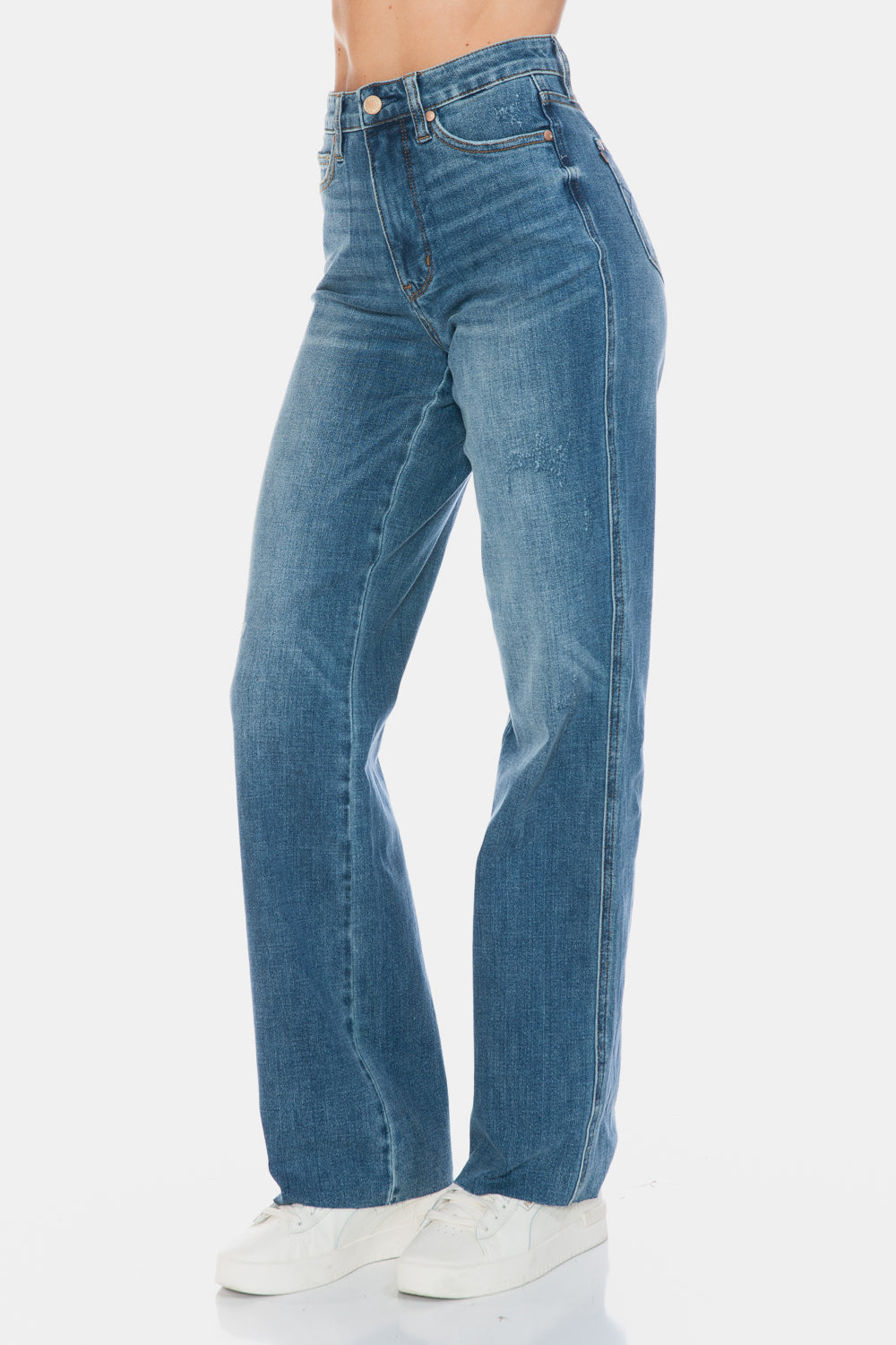 Koisoon Blue Full Size Tummy Control Cut Raw Hem Straight Jeans