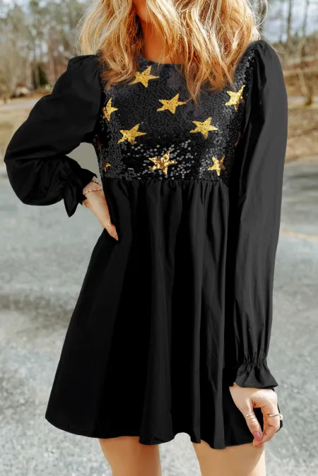 Koisoon Sequin Star Round Neck Flounce Sleeve Mini Dress