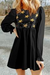 Koisoon Sequin Star Round Neck Flounce Sleeve Mini Dress