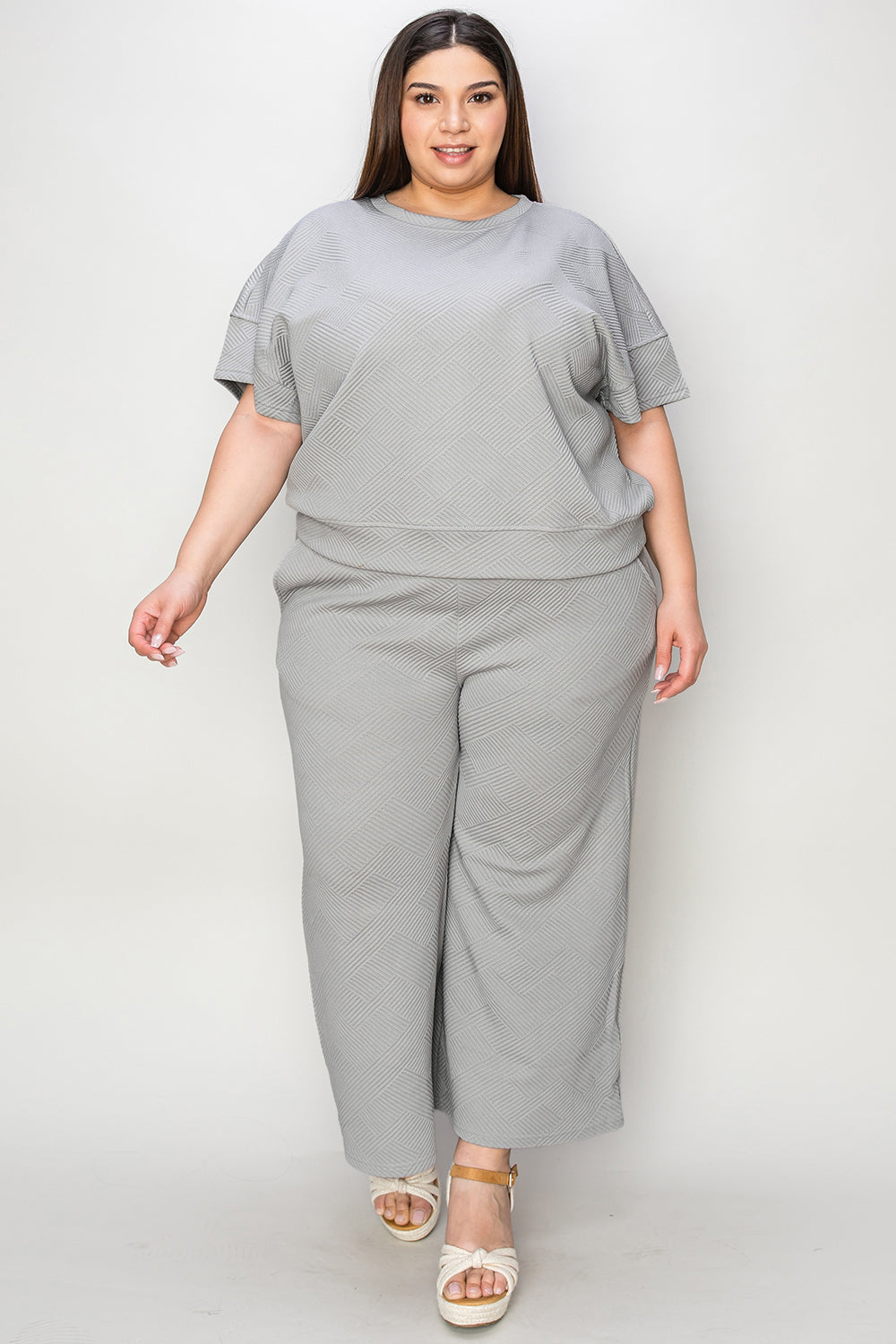 Koisoon Full Size Texture Short Sleeve Top and Pants Set