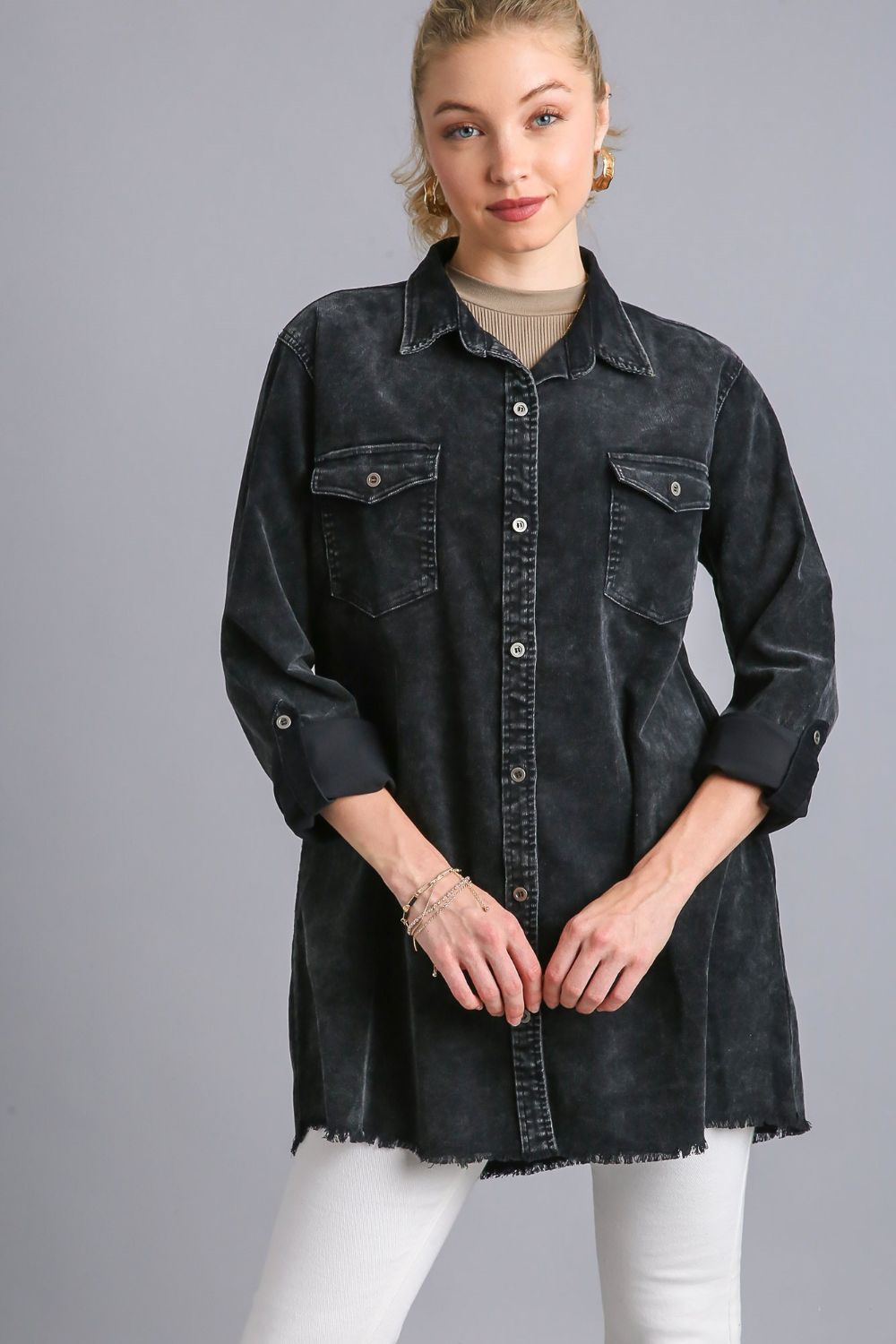 Koisoon Raw Hem Button Down Denim Jacket with Chest Pockets