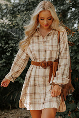 Koisoon Plaid Collared Neck Long Sleeve Mini Shirt Dress