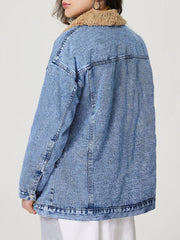 Koisoon Button Up Collared Neck Plush Denim Jacket