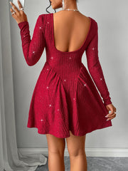 Koisoon Backless Glitter Square Neck Long Sleeve Mini Dress