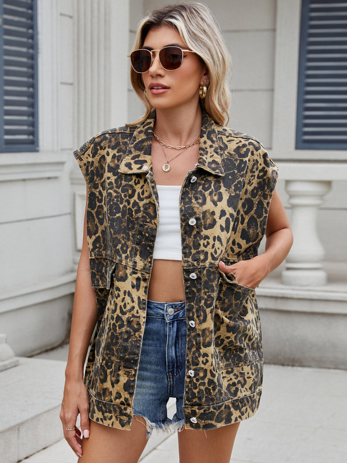 Koisoon Leopard Buttton Up Denim Vest