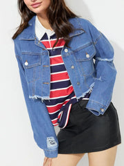 Koisoon Raw Hem Collared Neck Cropped Denim Top