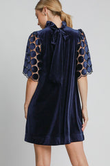 Koisoon Dotted Lace Half Sleeve Mock Neck Back Tie Velvet Dress