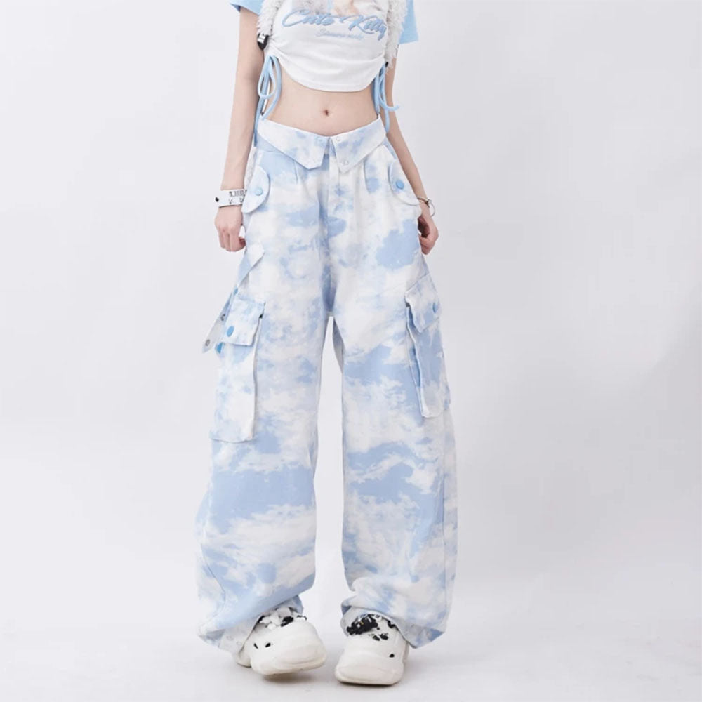 Koisoon Tie-dye Streetwear Cargo Punk Straight Pants Loose Y2k Aesthetic Pockets Pantalones Women Grunge Harajuku Wide Leg Trousers