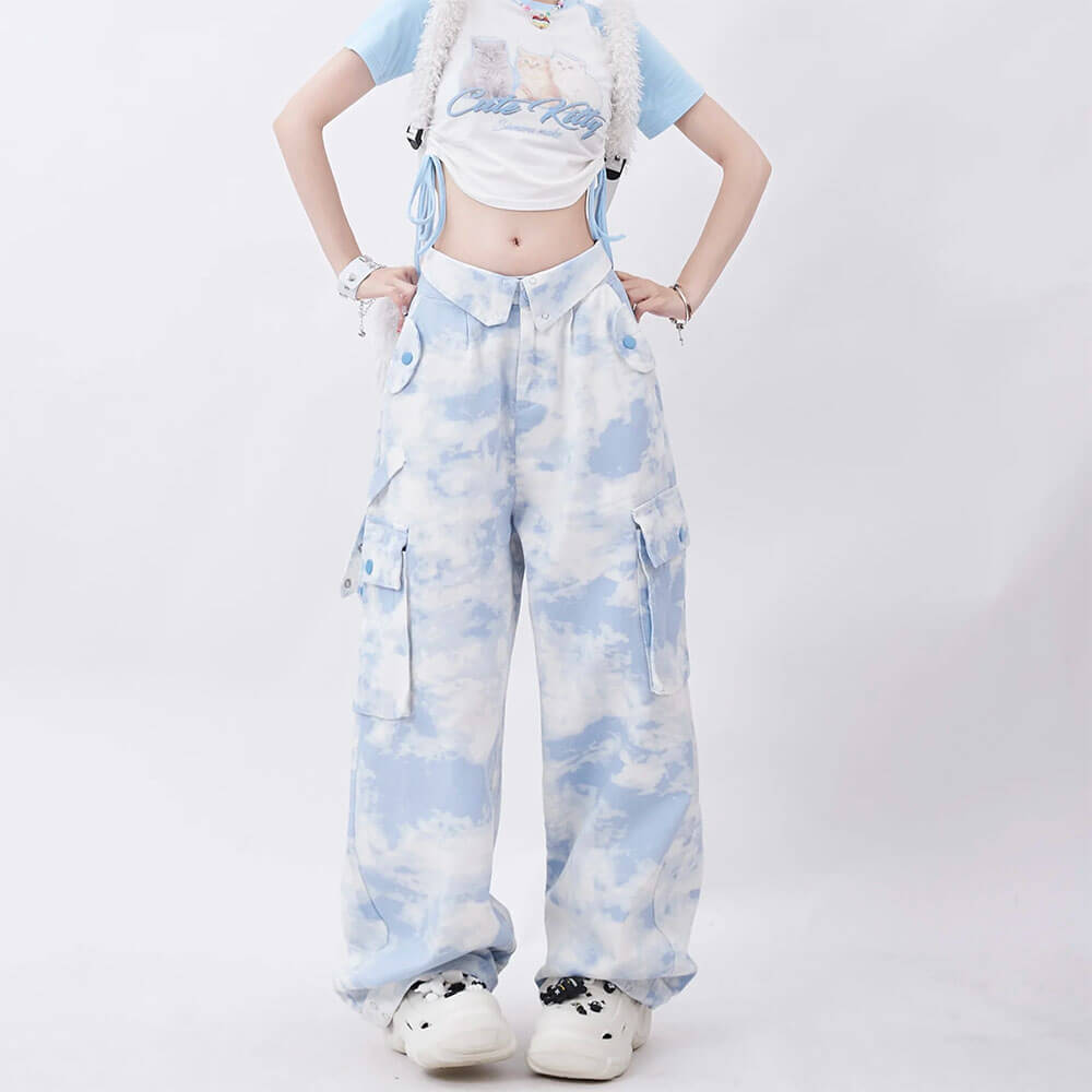 Koisoon Tie-dye Streetwear Cargo Punk Straight Pants Loose Y2k Aesthetic Pockets Pantalones Women Grunge Harajuku Wide Leg Trousers